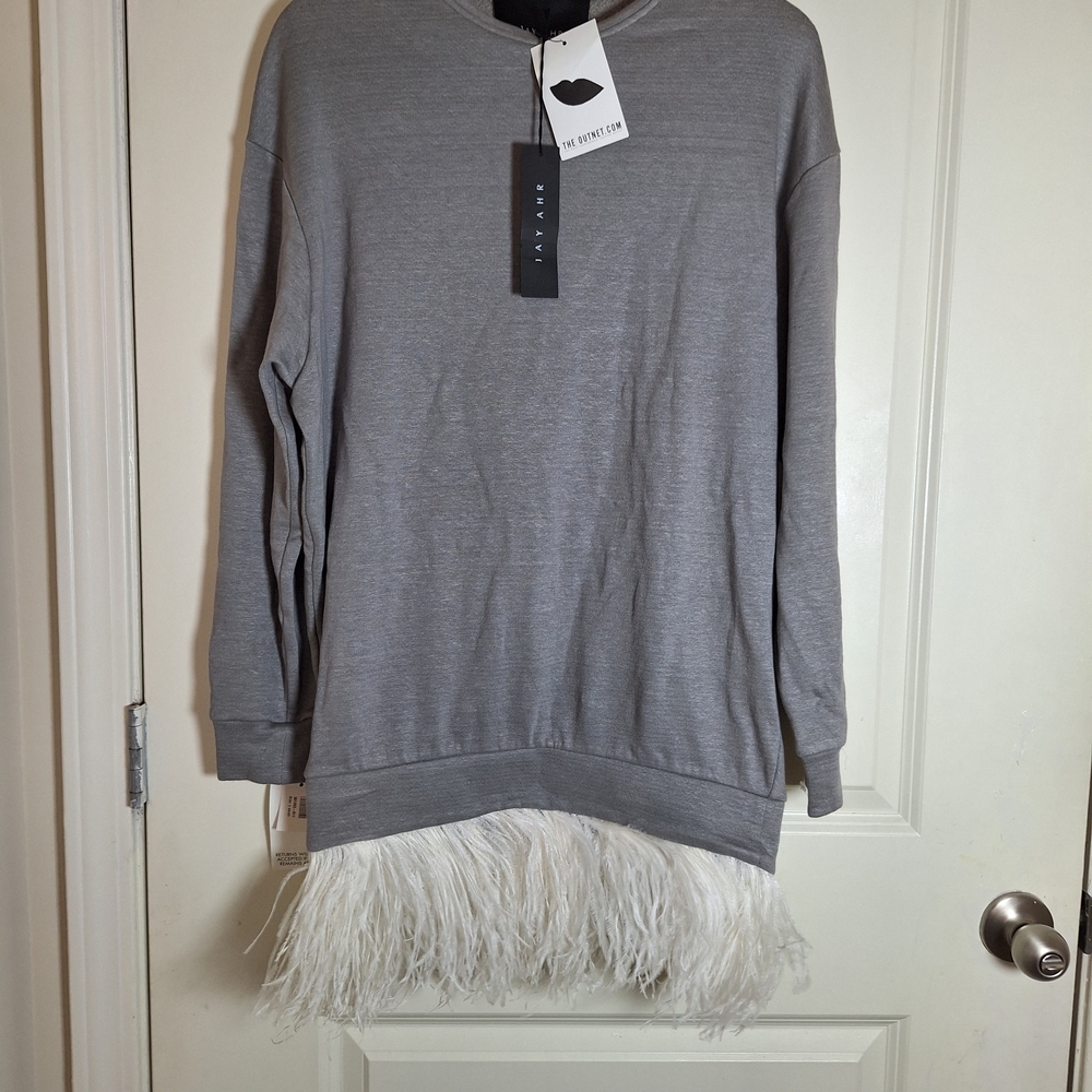 NWT JAY AHR Women's Sweatshirt Dress Gray Feather Hem Size XS
